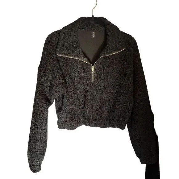 Zaful Womens Small Black Sherpa Fleece Long Sleeve Cropped Quarter-Zip Pullover - Picture 1 of 4